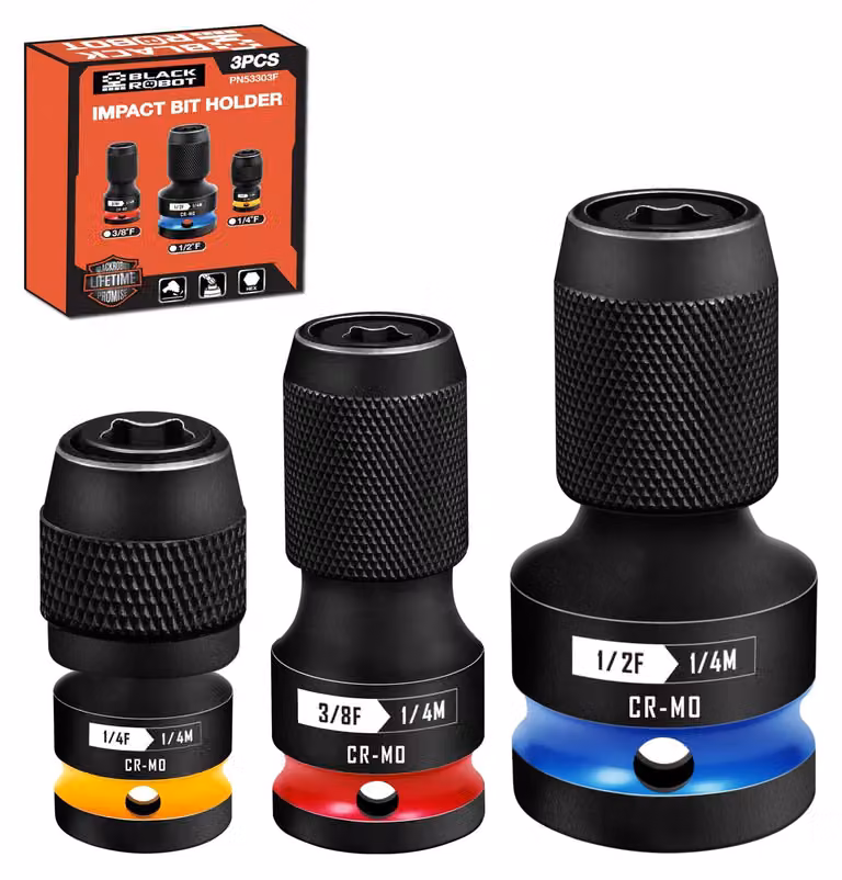 Adattatore per cacciavite a percussione, composto da 3 pezzi: da 1/2", 3/8" e 1/4" a 1/4" esagonale