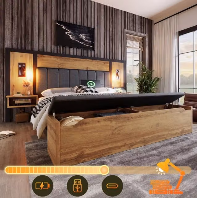 Letto matrimoniale 160 x 200 cm con luci, comodini USB-C e panca contenitore