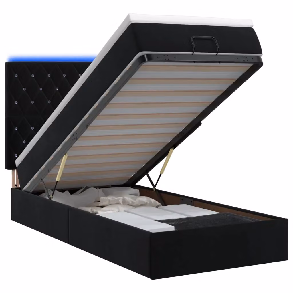 Letto Ottomano vidaXL con Materasso Ibrido e Illuminazione LED sotto il letto in Velluto Nero L: 200 cm, P: 100 cm, H: 88 cm – 2