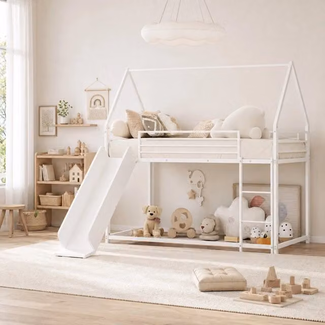 Letto a castello a forma di casetta per bambini 90x190 cm con scivolo e scale, struttura in metallo resistente