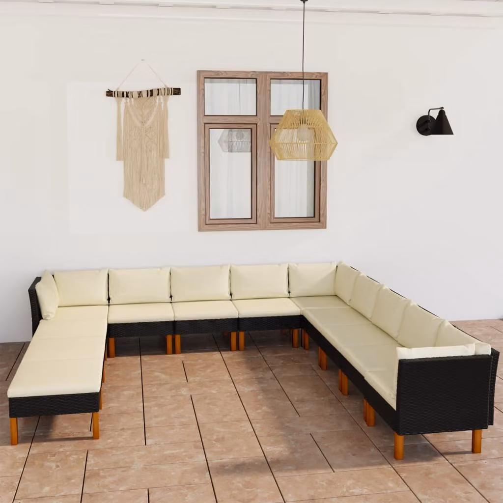 The Living Store Set salotto da giardino 12 pezzi con cuscini in poly rattan nero