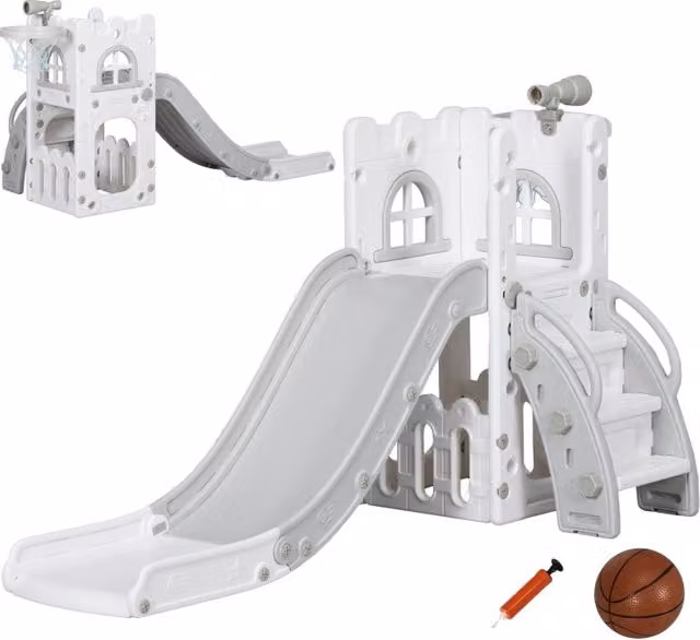 Scivolo per bambini ULEVR 5 in 1 70x177x92 cm con canestro, telescopio, arrampicata e cestino, grigio