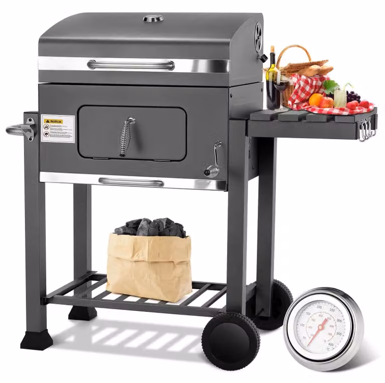 Griglia per barbecue a carbone su carrello - Griglia con coperchio - Affumicatore - Griglia mobile con 2 ruote - Griglia e termometro - Grigio