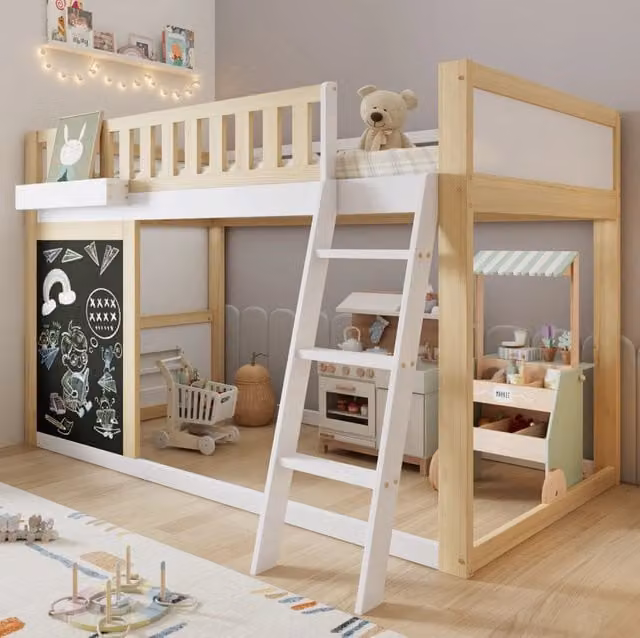 Letto a soppalco per bambini 90x200 cm con lavagnetta e box portaoggetti; bianco e naturale