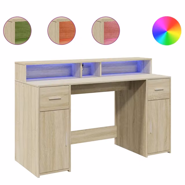 Scrivania | Tavolo da Ufficio con Luci LED Rovere Sonoma 140x55x91cm in Multistrato