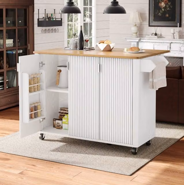 Isola cucina con ruote, carrello estraibile in MDF 130x45(75)x92 cm, ripiani regolabili e portasciugamani bianco/nero
