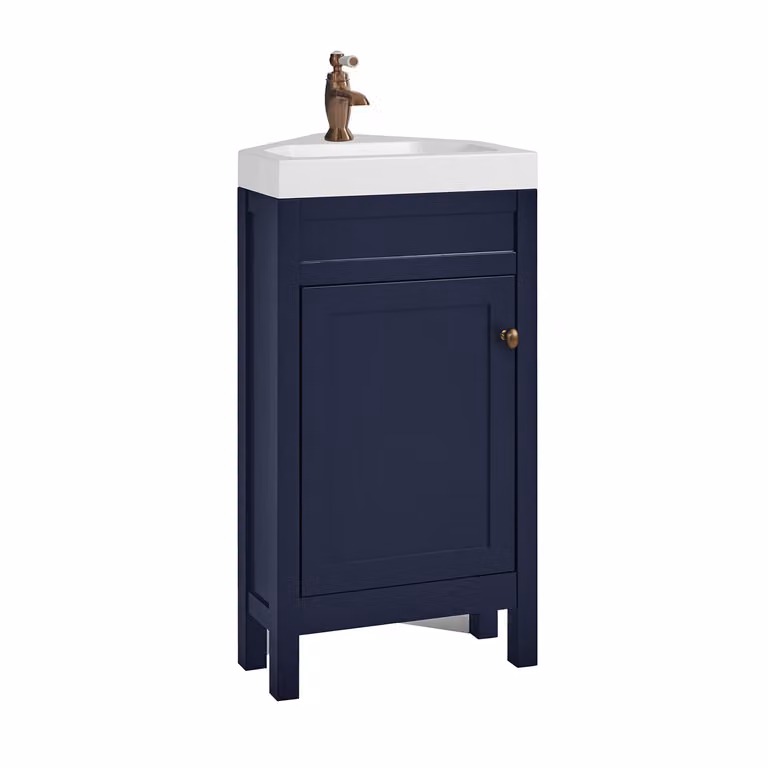 Mobile Bagno Angolare Blu Marino da 450mm con Lavabo e Maniglia Classica Rotonda in Rame Satinato - Warwick