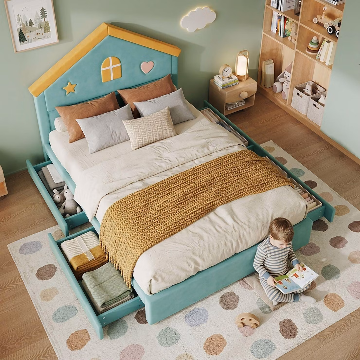 Letto imbottito per bambini Merax, 140x200 cm, con 4 cassetti, letto a forma di casetta, imbottito in velluto, letto per ragazzi con testiera a forma di casetta, contenitore, colore blu-verde
