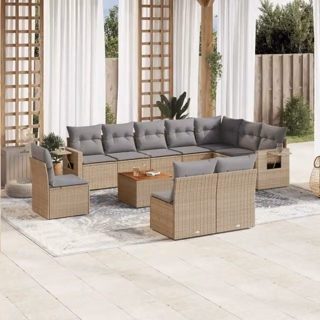 vidaXL Set Divano da Giardino a L in Polyrattan 11 pz con Cuscini Beige e Grigio – 1