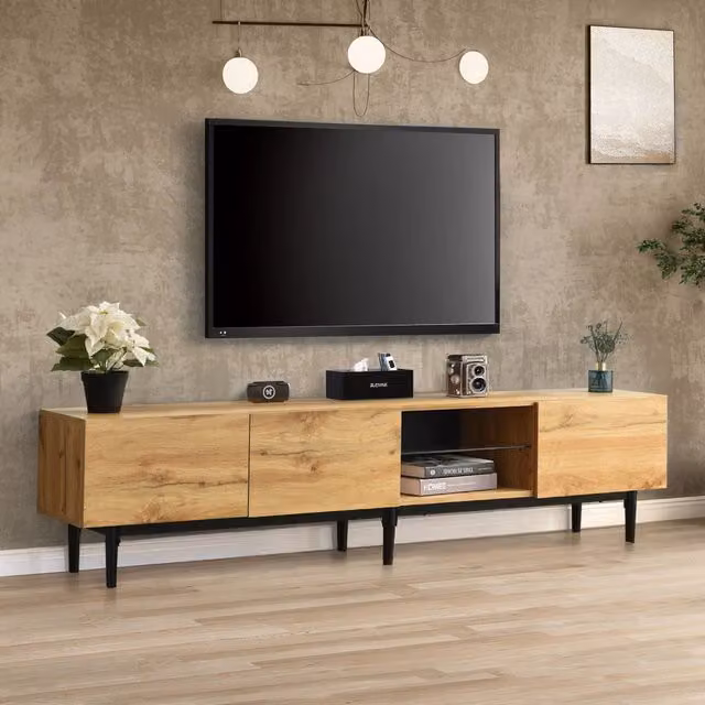 Mobile porta TV moderno OKWISH con illuminazione LED controllabile tramite app, 3 vani in MDF rovere chiaro e nero, L: 175 cm, P: 31 cm, H: 41 cm