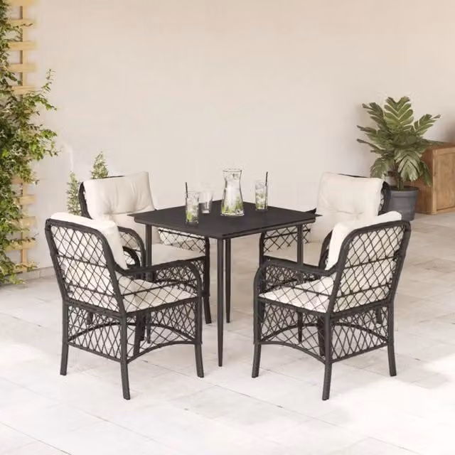 Set da Pranzo da Giardino 5 pz Nero con Cuscini in Polyrattan 3212083