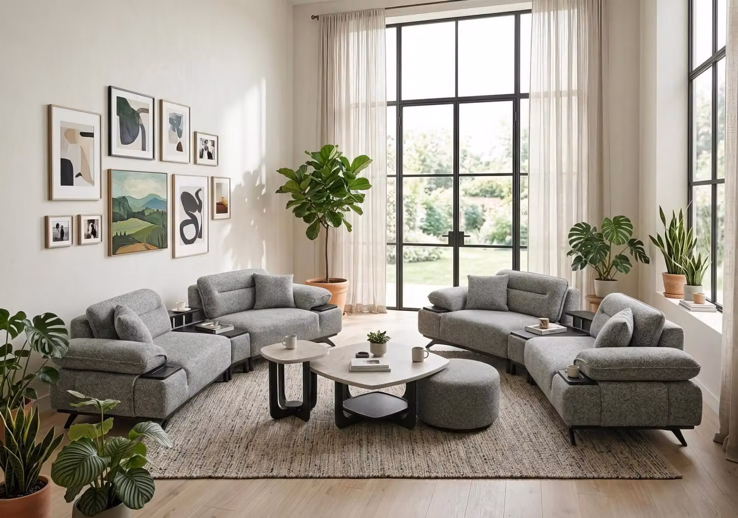 Divano a 3 posti, tavolino, poggiapiedi, design moderno, colore grigio, elegante, lussuoso, set completo