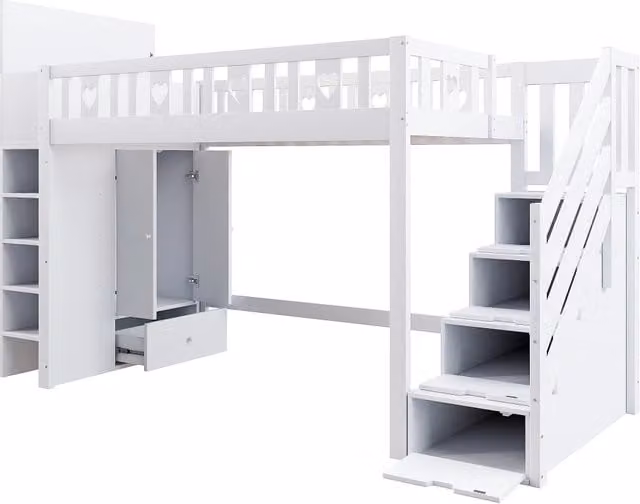 Letto a soppalco bianco 90x200 cm con scala contenitore, scaffali e armadietto richiudibile, struttura in legno di pino e MDF