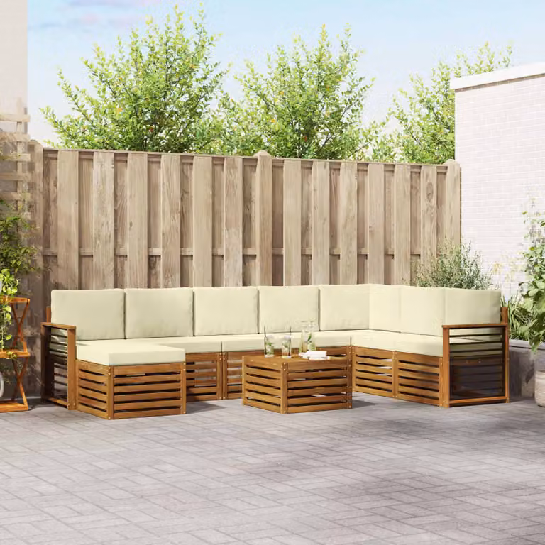 Set di divani da esterno vidaXL 9 pz in legno di acacia con cuscini, forma a L, colori beige, bianco e marrone