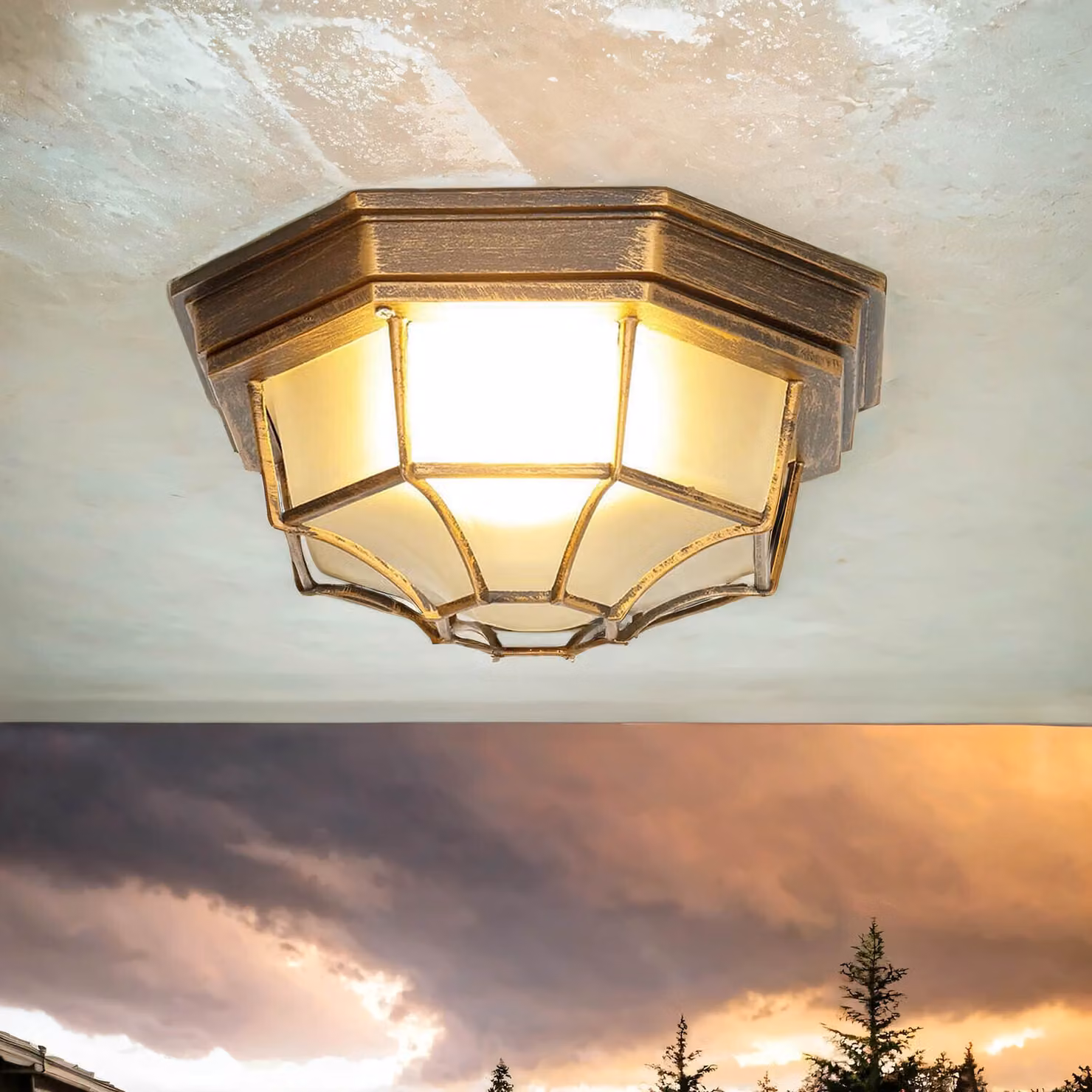 Plafoniera da esterno "Milano" rame antico alluminio vetro vero E27 lampada da soffitto cortile rustico patio