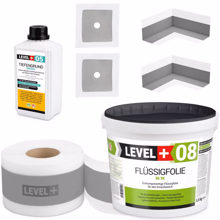 Kit di impermeabilizzazione Pellicola liquida 5,5 kg Nastro sigillante 5mb Primer 1L Level+ SET55