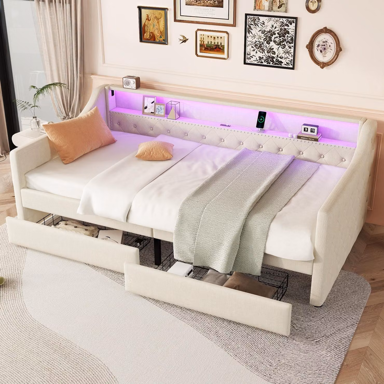 Okwish divano letto 90x200 a luce ambiente con telecomando e cassetti, divano giovanile con rete a doghe e USB, (senza materasso)Beige