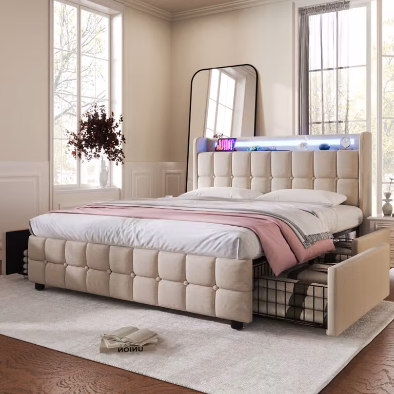 Letto imbottito Flieks 180x200cm con USB e prese, letto per ragazzi letto matrimoniale con 4 cassetti, letto contenitore letto in legno massiccio con LED e rete a doghe, lino, beige
