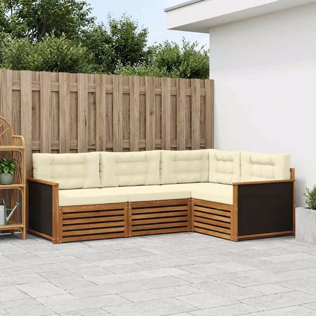 Set di divani da esterno a L vidaXL in legno di acacia con cuscini beige e bianchi