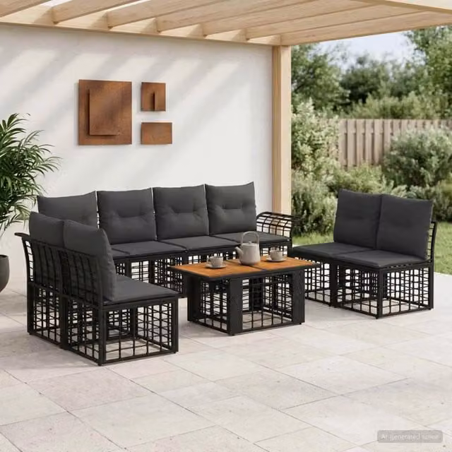Set Divano da Giardino 9 pz Nero e Grigio scuro polyrattan 3437969