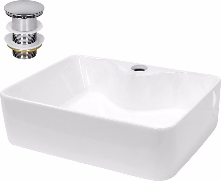 LuxeBath Lavabo Lavabo da appoggio quadrato, 48x38x14 cm, bianco, in Vetroceramica, incl. set di scarico senza troppopieno