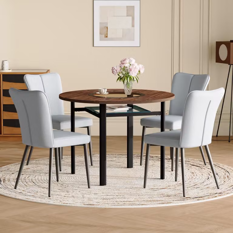 STILVORA Tavolo da pranzo rotondo da 100 cm con 4 sedie grigio chiaro – Inserto in vetro e ripiano, set moderno e minimalista per sala da pranzo e cucina