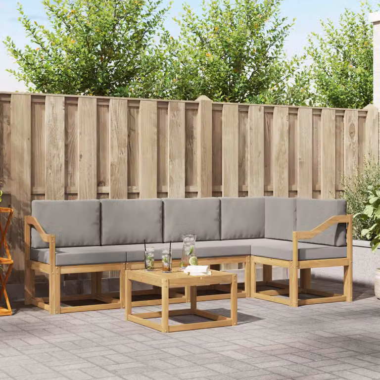 Set di divani da esterno vidaXL 6 pz in legno di acacia con cuscini Bianco e Grigio Chiaro