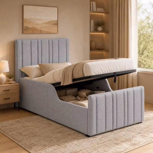 Letto singolo imbottito in lino grigio 90x200 cm con contenitore idraulico e rete a doghe, con testiera imbottita