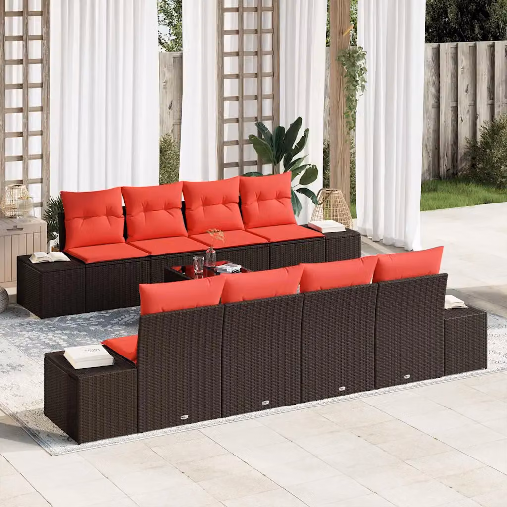 Set Divano da Giardino vidaXL 9 pz in Polyrattan con Struttura in Metallo, Colori Beige, Rosso e Marrone