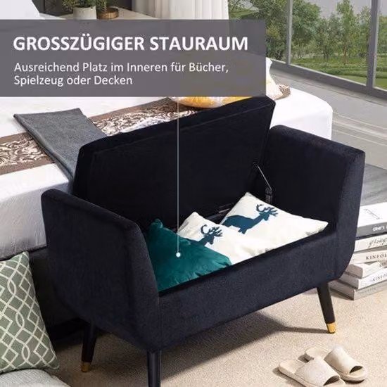 Panca – Struttura stereo – Materiale: poliestere morbido – Gambe in legno con rivestimento in gomma – Piedini regolabili – Dimensioni: 107x42x65 cm