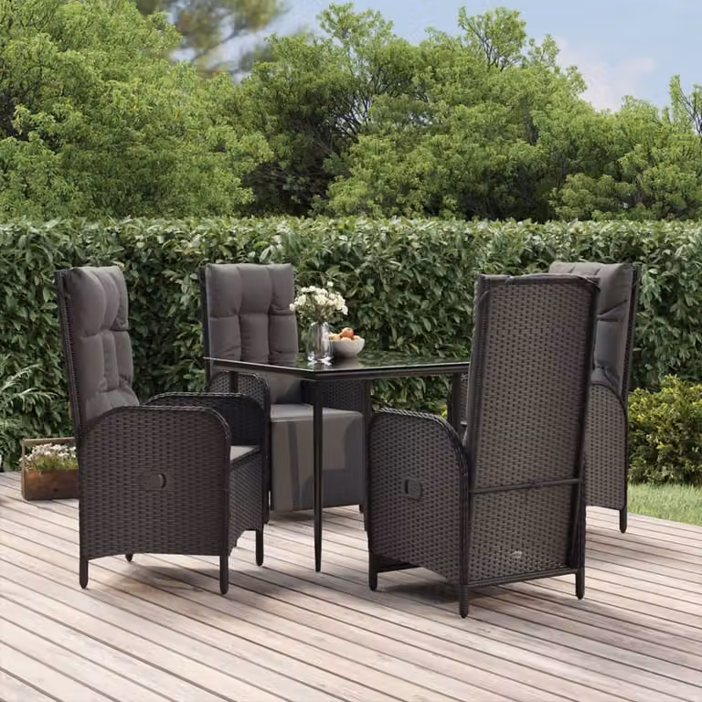 Set da pranzo da giardino moderno vidaXL in polyrattan nero con cuscini e tavolo in vetro per 5 persone