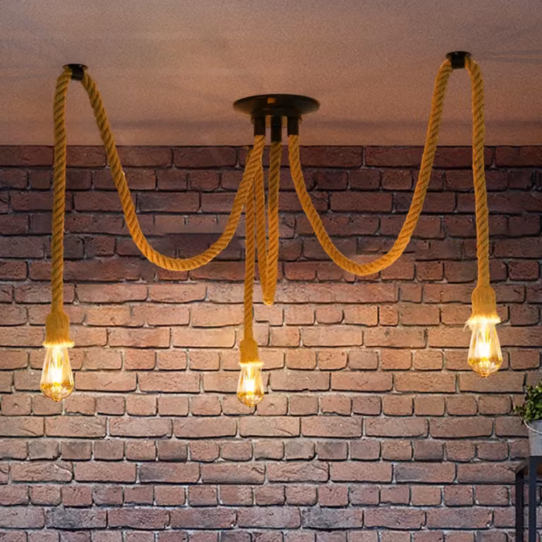 Lampada a sospensione con corda di canapa, stile vintage industriale, a 3 luci, ideale per soggiorno, ristorante, sala, bar, caffetteria. Attacco E27. Non include lampadine