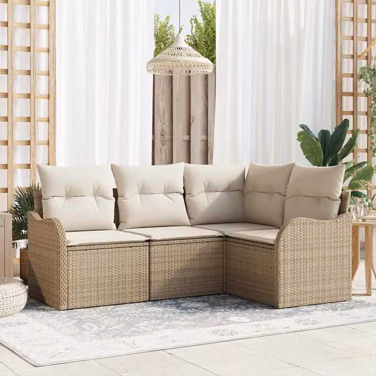 Set Divano da Giardino vidaXL 4 Pezzi Beige con Tavolino e Cuscini in Polyrattan e Metallo