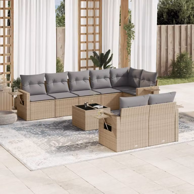 vidaXL Set Divano da Giardino 9 pz a Forma di L in Polyrattan con Cuscini Beige e Tavolino da Esterno