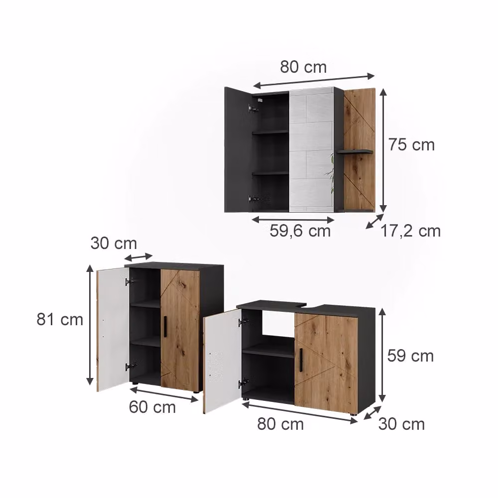 Set di mobili da bagno Vicco Irma in 3 pezzi, colore Antracite e Rovere dorato, con mobile lavabo, pensile specchio e mobileto laterale, design moderno a parete – 2