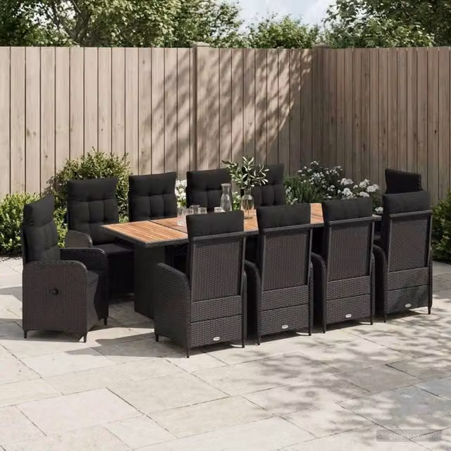 Set da pranzo per esterni vidaXL in polyrattan e legno di acacia nero 11 pz