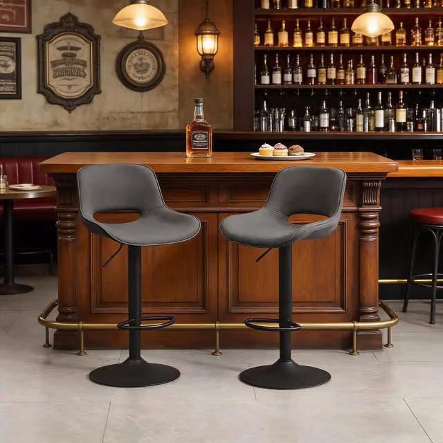 Set di 2 sgabelli da bar MIVRAY girevoli a 360 gradi con schienale in lino grigio e base in metallo regolabile in altezza