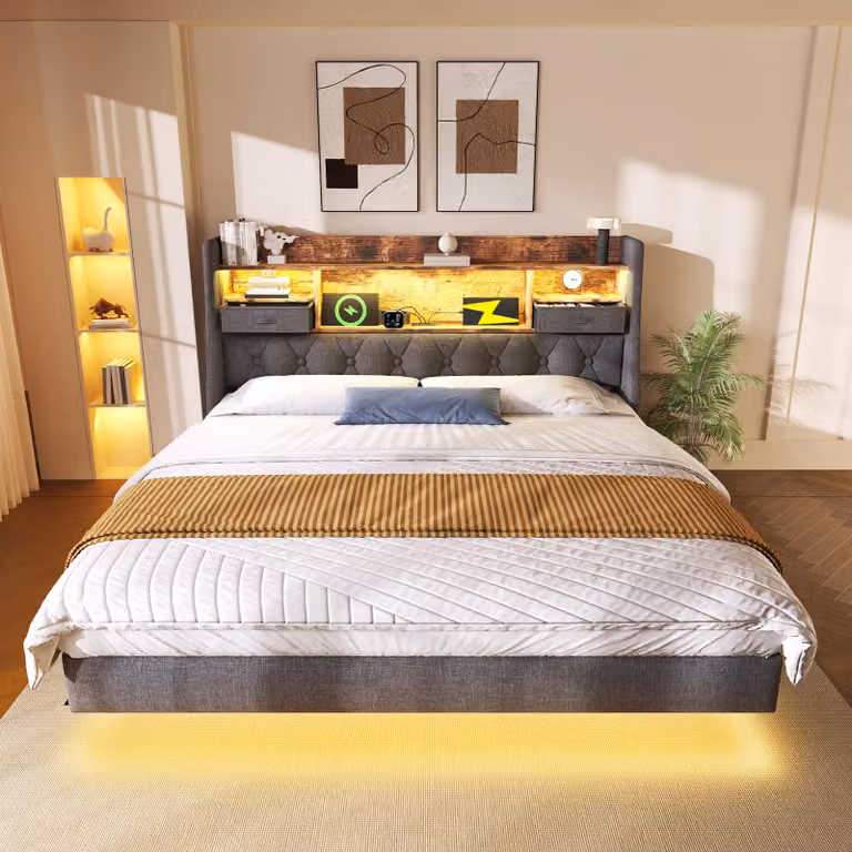 Letto matrimoniale imbottito 160x200 cm con illuminazione LED e stazione di ricarica, testiera contenitore, ideale per giovani, colore grigio, senza materasso