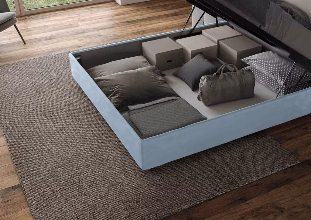 Letto matrimoniale king size con contenitore BS COM imbottito in microfibra azzurro L: 180 cm, P: 210 cm, H: 230 cm – 2