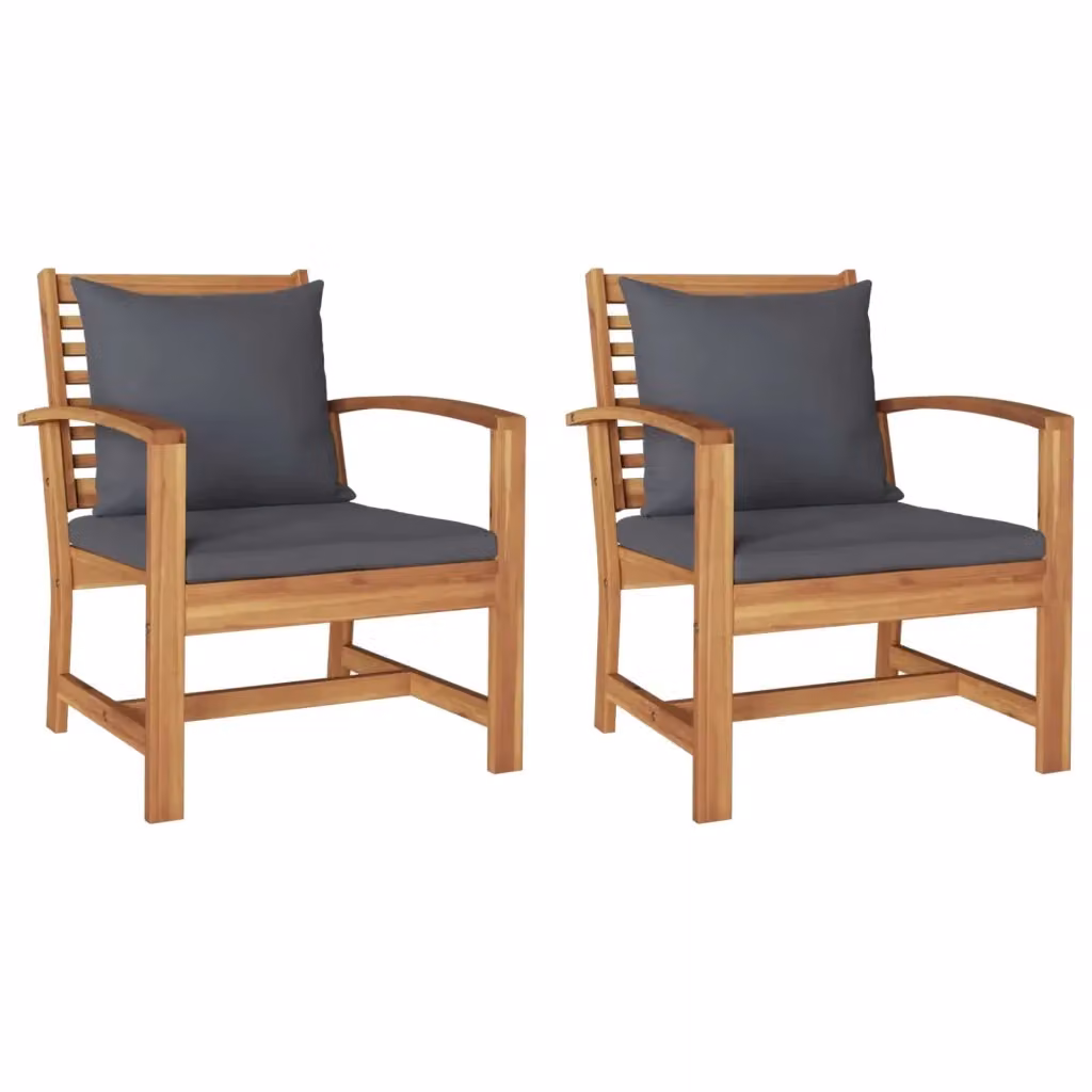 Set di 2 sedie da esterno in legno di teak con cuscini marroni e grigi per giardino e terrazzo L/P/H: 65 x 60 x 76,5 cm – 2