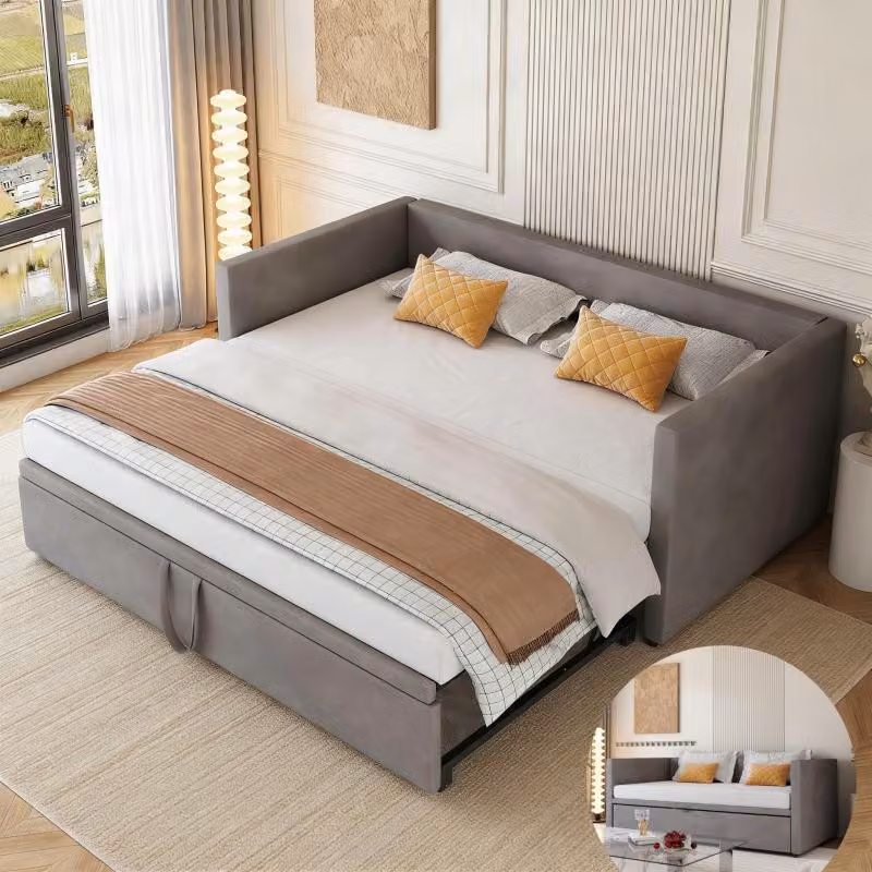 INONEFT, divano letto a una piazza e mezza (90x200 cm) o a due piazze (180x200 cm), estendibile, con rete a doghe e braccioli, poltrona letto multifunzionale, in velluto, colore grigio