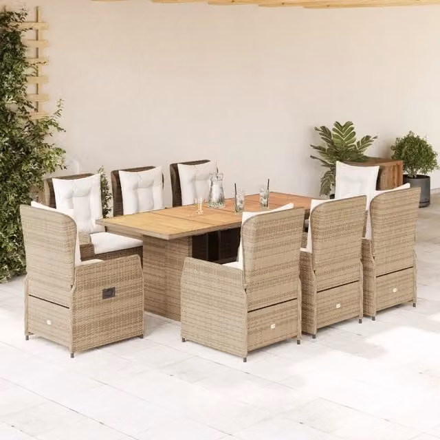 Set da pranzo da giardino vidaXL in polyrattan con cuscini beige e piano in legno di acacia, 9 pezzi