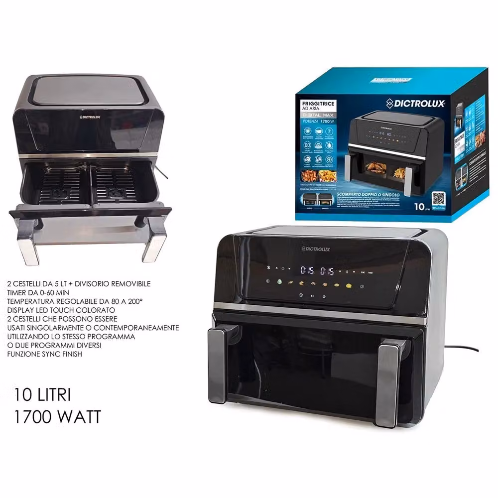 Friggitrice ad aria Dictrolux con doppia zona da 10 lt, 1700W, display LED e funzione Sync, colore nero – 2
