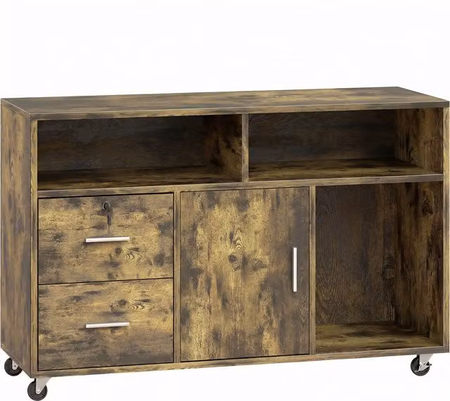 Mobile porta stampante HOMCOM in legno marrone con 2 cassetti, 3 ripiani, 2 armadietti e rotelle, L 100 x P 35 x H 65 cm