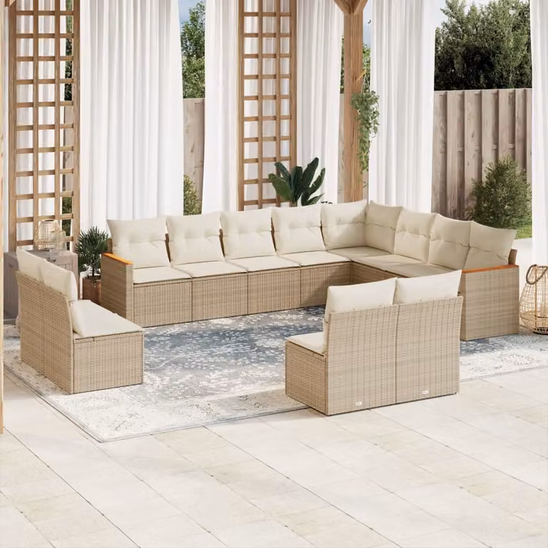 vidaXL Set di Divani da Giardino a Forma di U con 12 Pezzi, Polyrattan e Cuscini Beige, Struttura in Acciaio e Tessuto Resistente ai Raggi UV