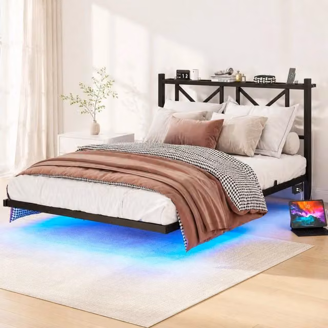 Letto matrimoniale 140x200 cm sospeso in metallo con LED e stazione di ricarica