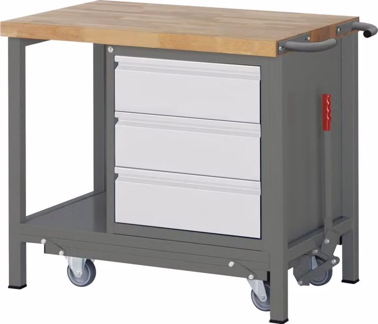 Banco da lavoro STIER Premium, con telaio abs., 3 cassetti, 100x70x88 cm, acciaio e faggio