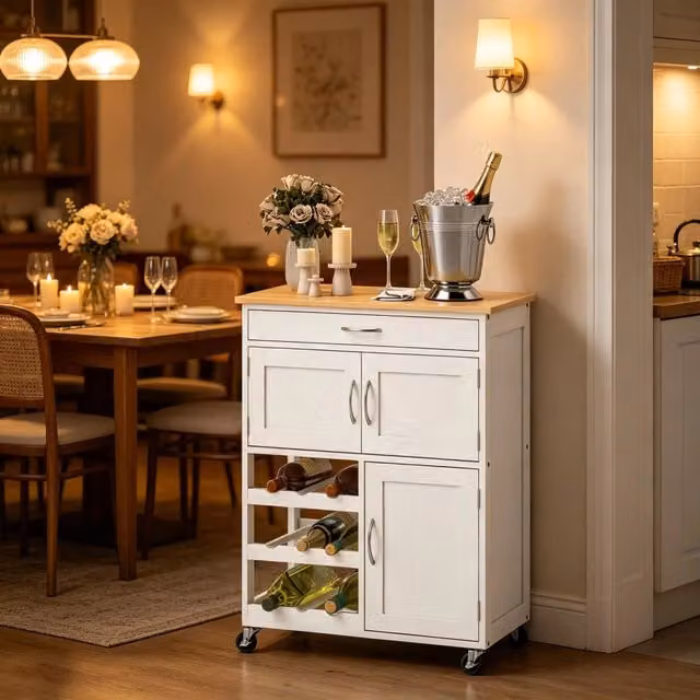 Desviae Carrello da cucina con cassetto armadietti e portabottiglie a 3 livelli in MDF metallo e legno bianco 67 × 37 × 87 cm