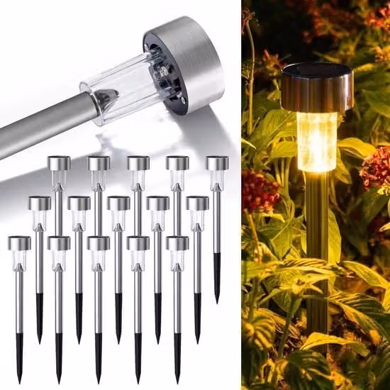 Set di 16 lampade solari LED da esterno con sensore crepuscolare, impermeabili IP44 in acciaio inossidabile e plastica, luce bianco caldo per giardino, terrazza e sentieri