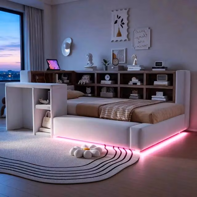 Letto singolo imbottito 90×200 cm con mensole, prese integrate, LED regolabile e tavolino, senza materasso, grigio chiaro